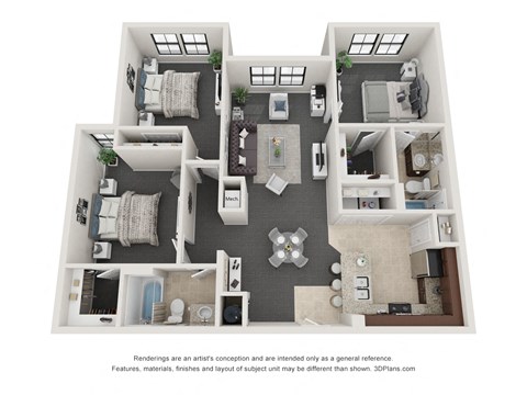 Floor plan for 3 beds, 2 baths, 1137 sqft